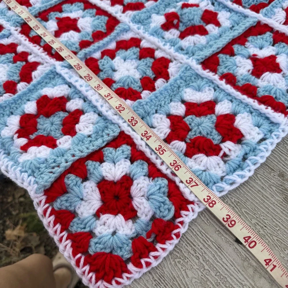 Handmade Crochet Granny Square Blanket Red White Blue Throw 39x33 Cottagecore